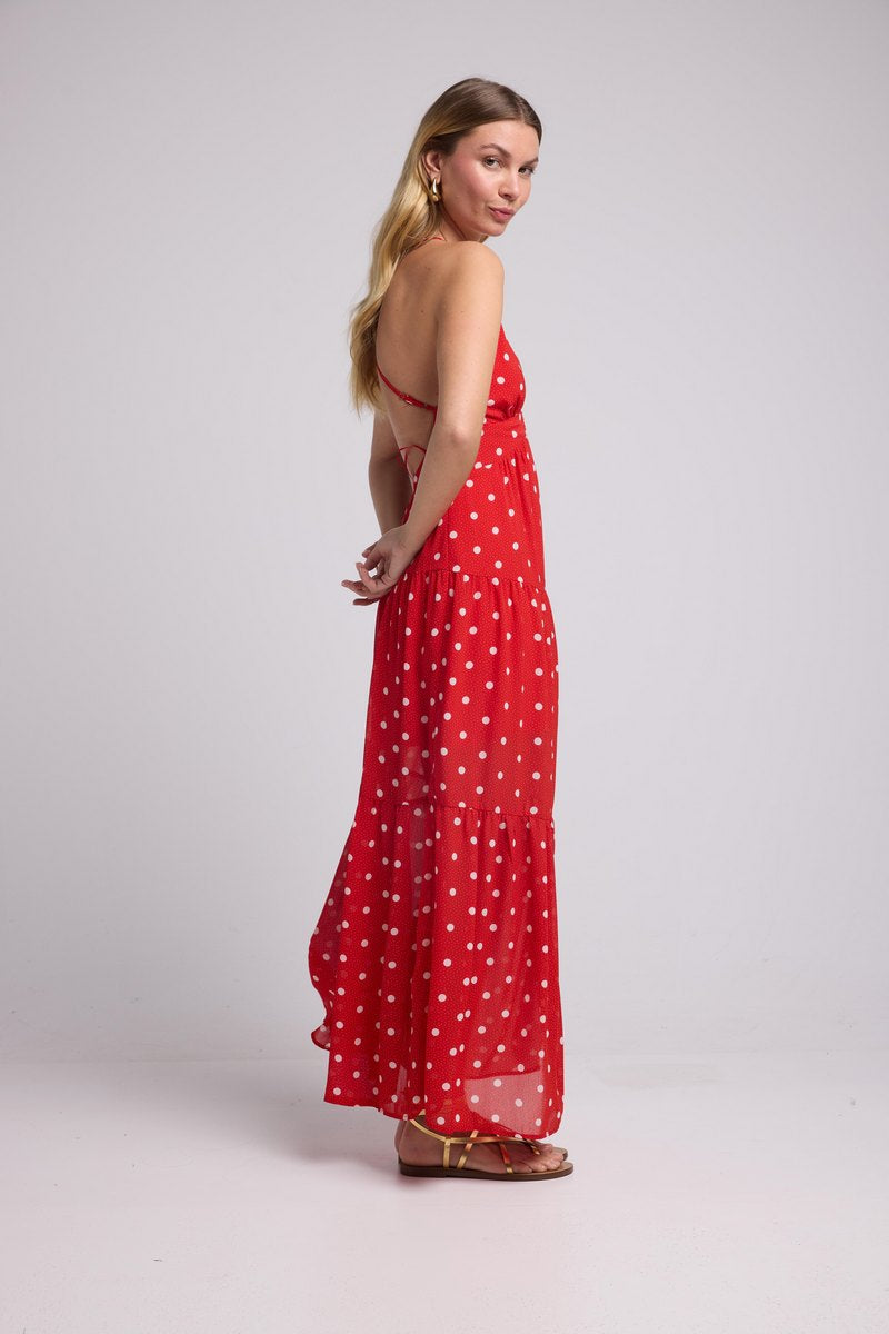 Vestido Largo con Tirantes - Lunares Rojos
