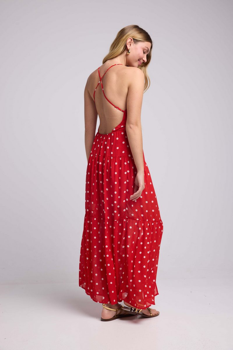 Vestido Largo con Tirantes - Lunares Rojos