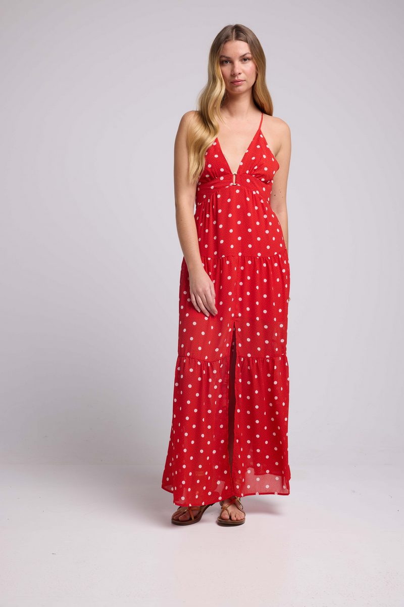 Vestido Largo con Tirantes - Lunares Rojos