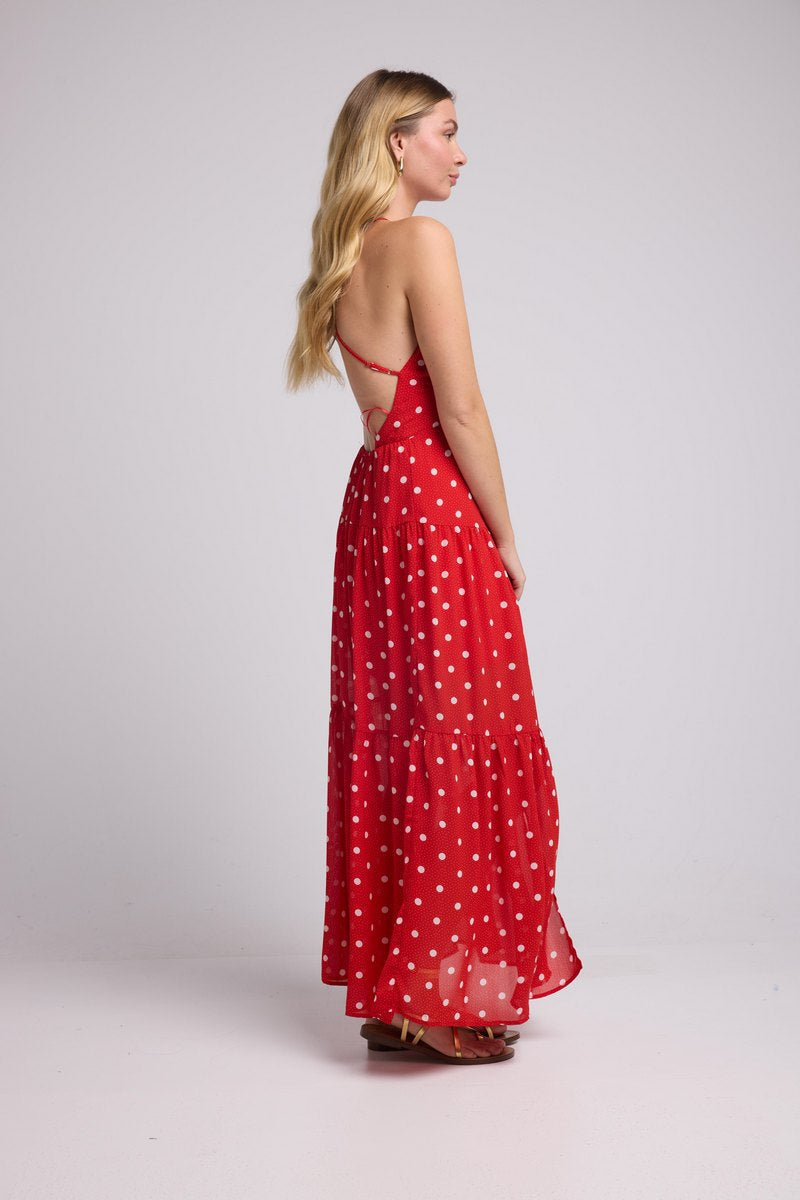 Vestido Largo con Tirantes - Lunares Rojos