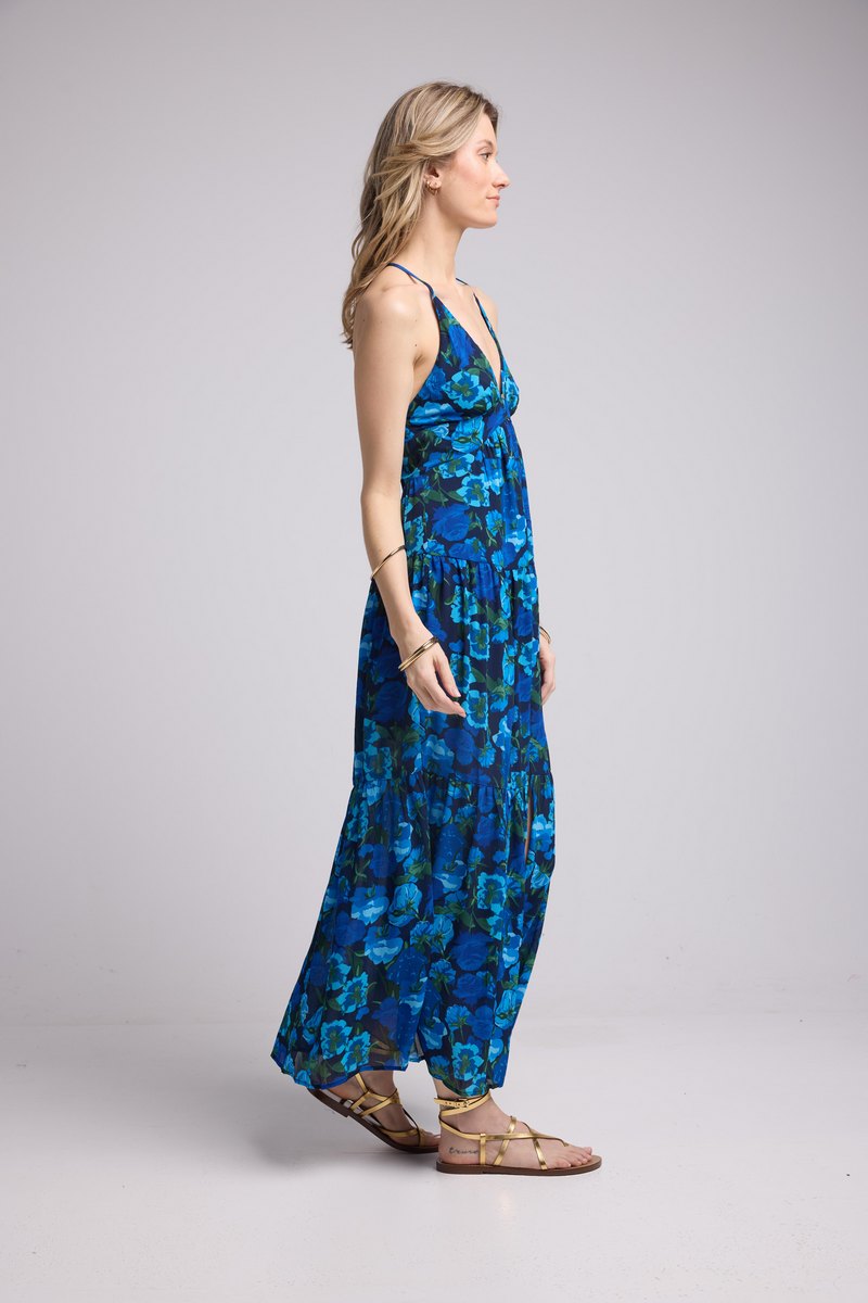 Vestido Largo con Tirantes - Flores Azul