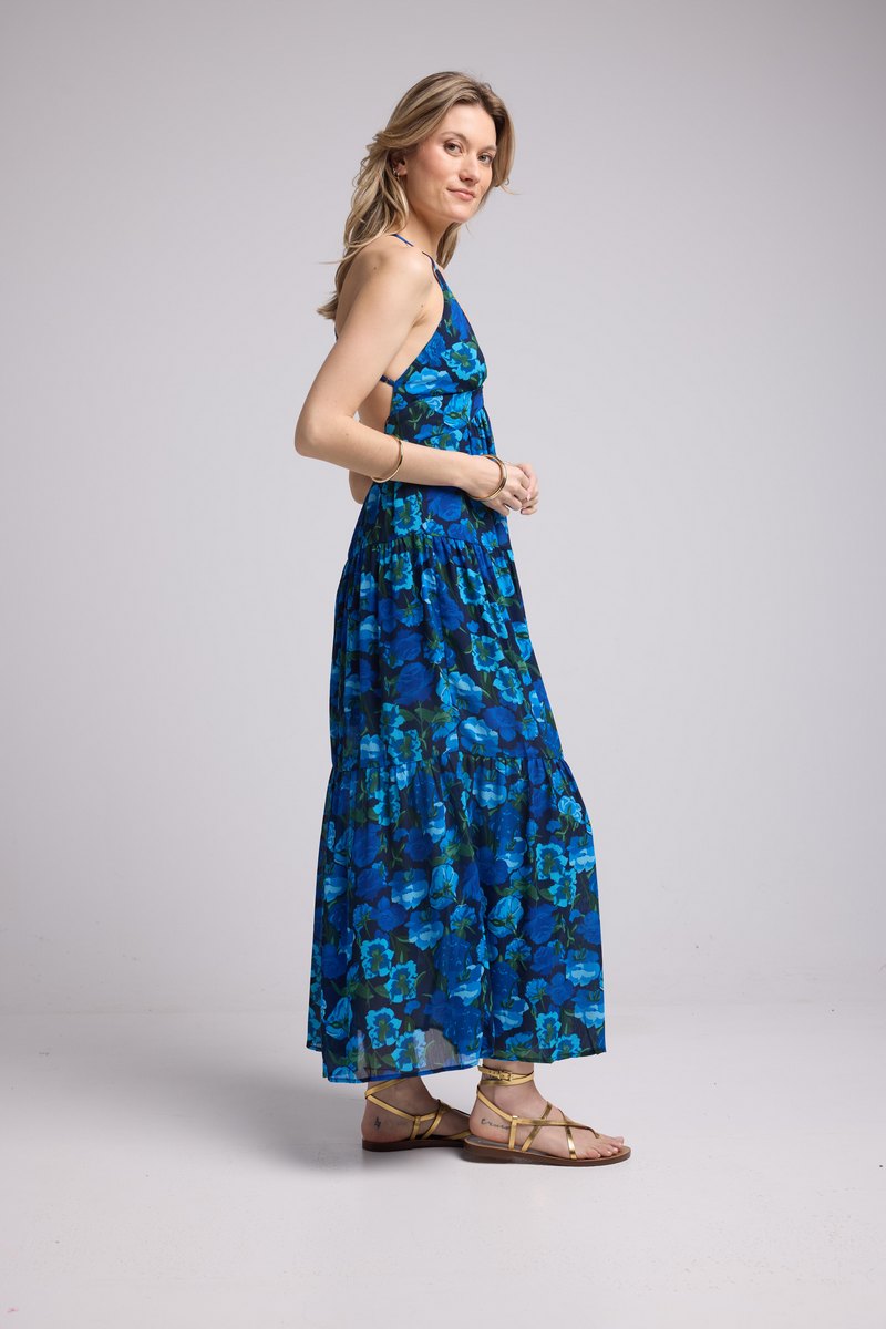 Vestido Largo con Tirantes - Flores Azul
