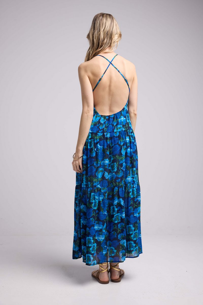 Vestido Largo con Tirantes - Flores Azul