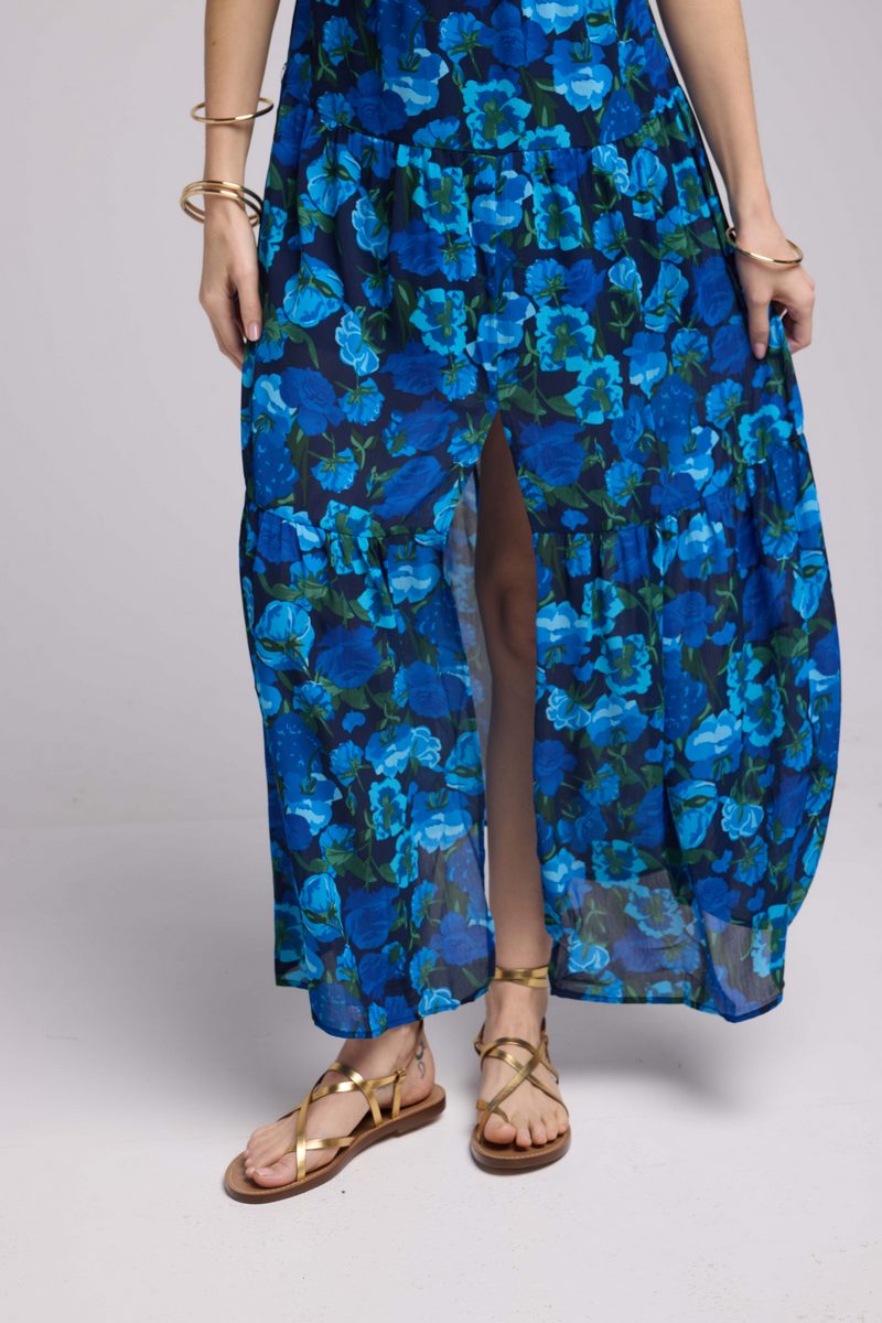 Vestido Largo con Tirantes - Flores Azul