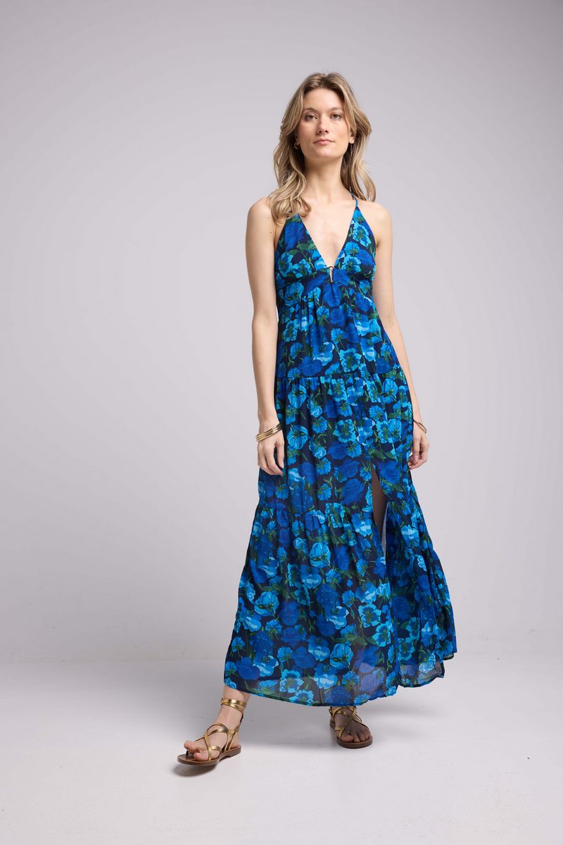 Vestido Largo con Tirantes - Flores Azul