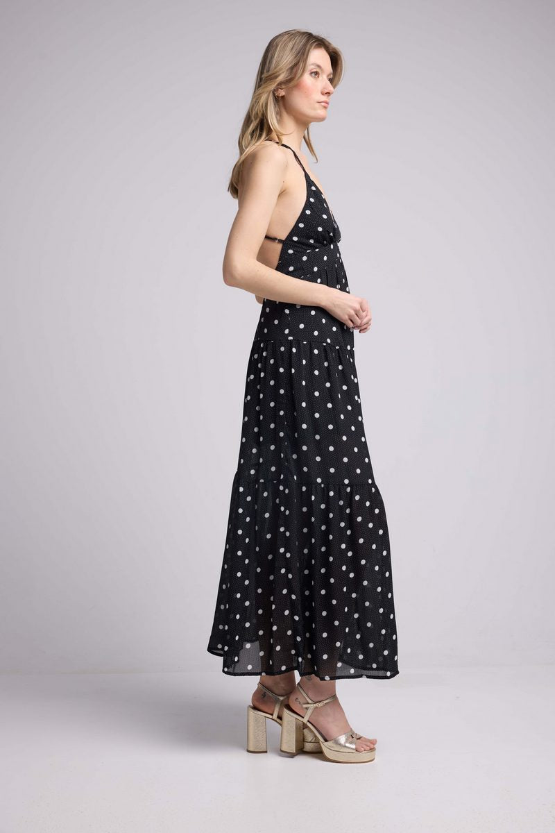 Robe Long Bretelles - Pois Noir