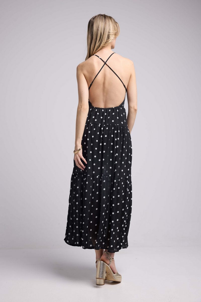 Robe Long Bretelles - Pois Noir