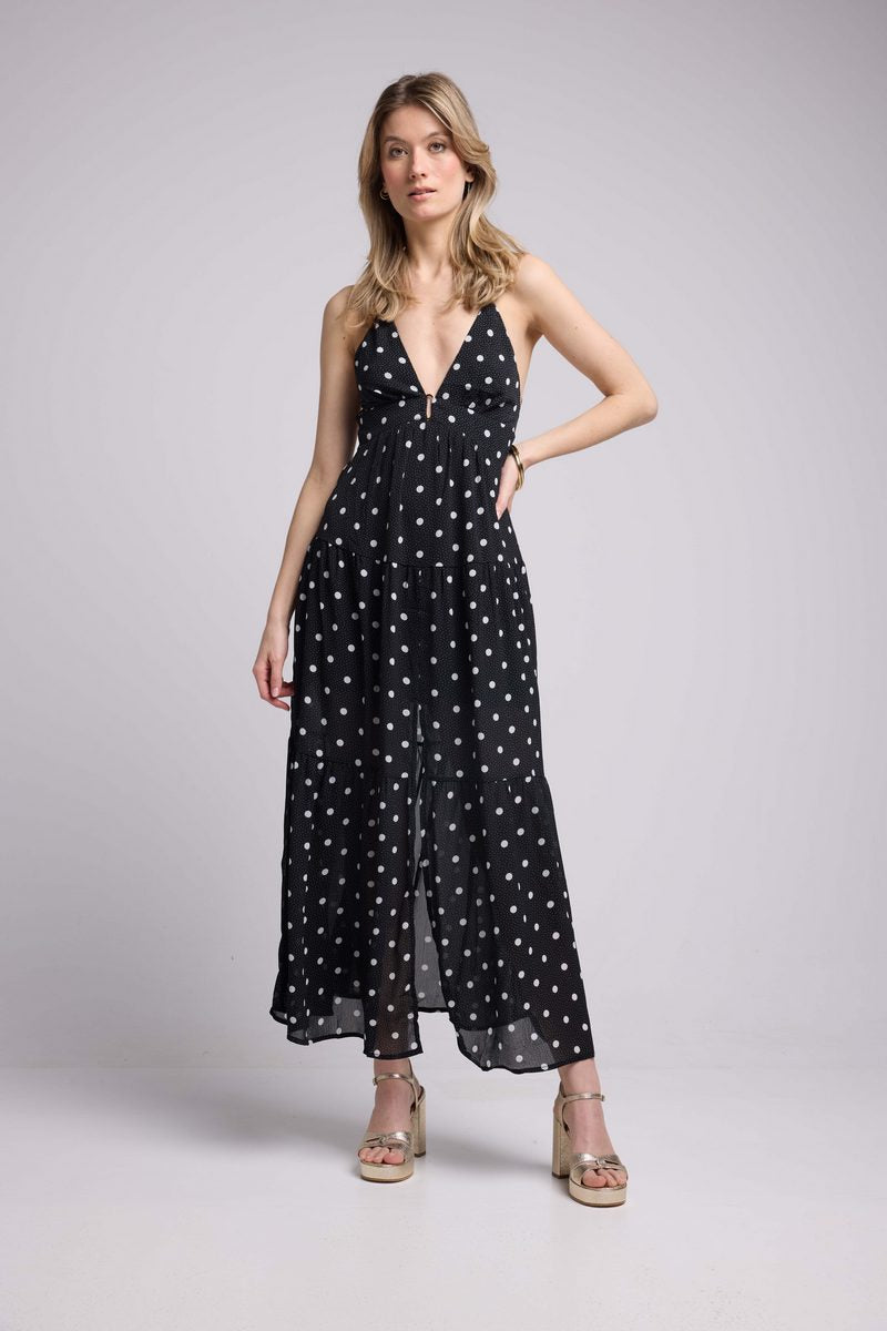 Robe Long Bretelles - Pois Noir
