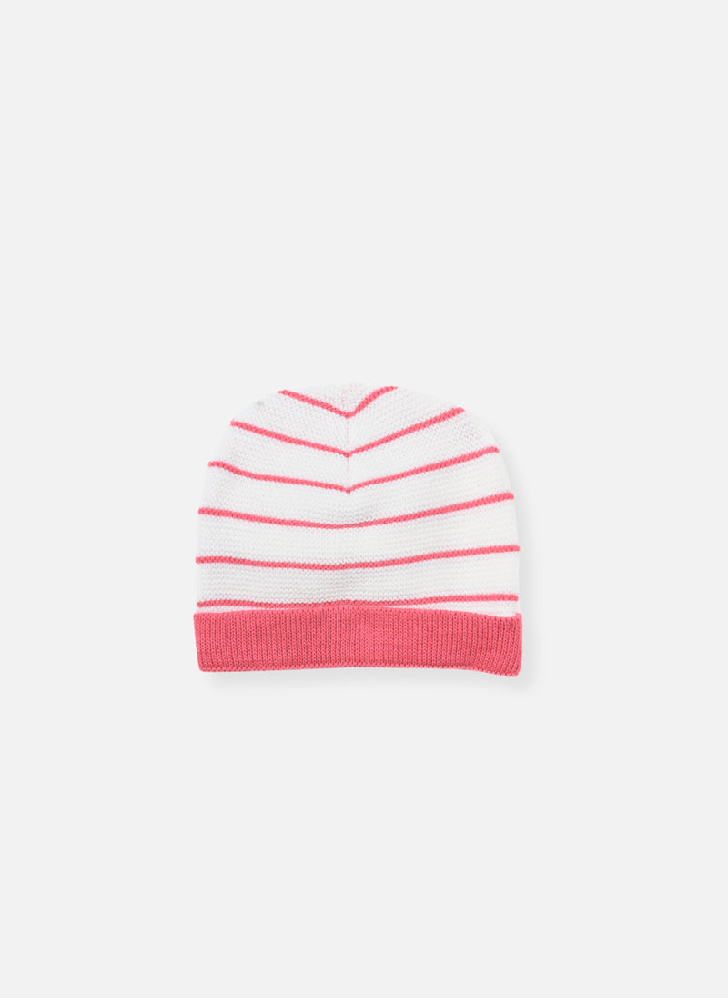 Short Cuffed Beanie - Ecru With Fuchsia Stripes