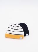 Short Cuffed Beanie - Ecru With Navy/Curry Stripe