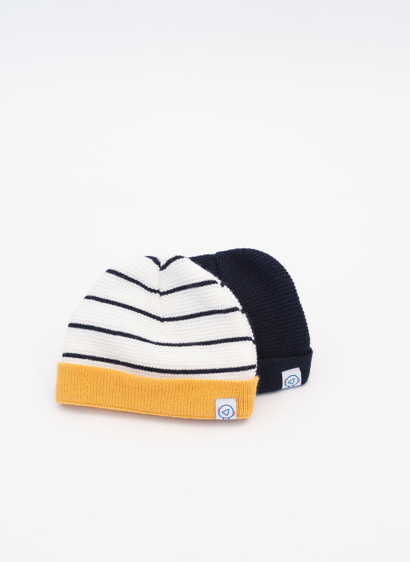 Short Cuffed Beanie - Ecru With Navy/Curry Stripe