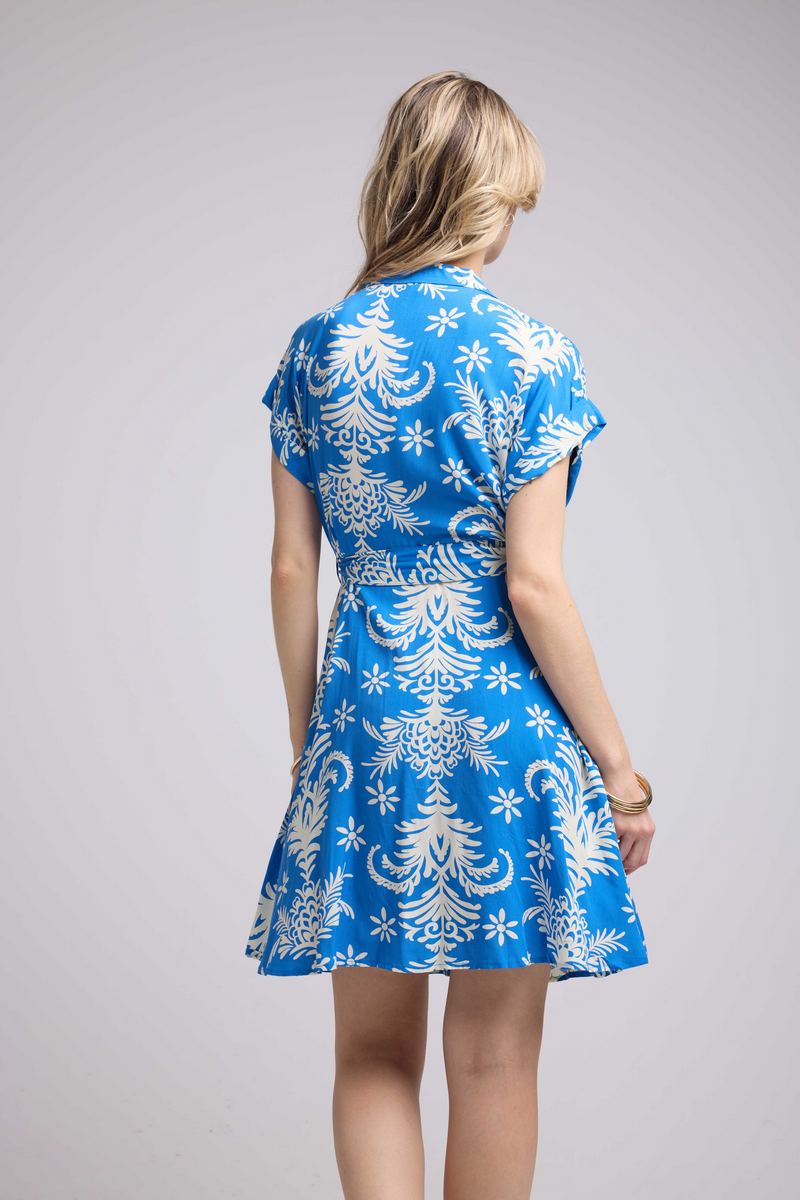 Short Sleeve Short Dress - Blue Leaves