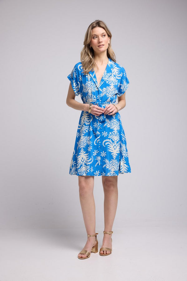 Vestido Corto Manga Corta - Hojas Azules