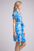 Short Sleeve Short Dress - Blue Leaves