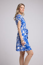 Vestido Corto De Manga Corta - Grandes Flores Azules