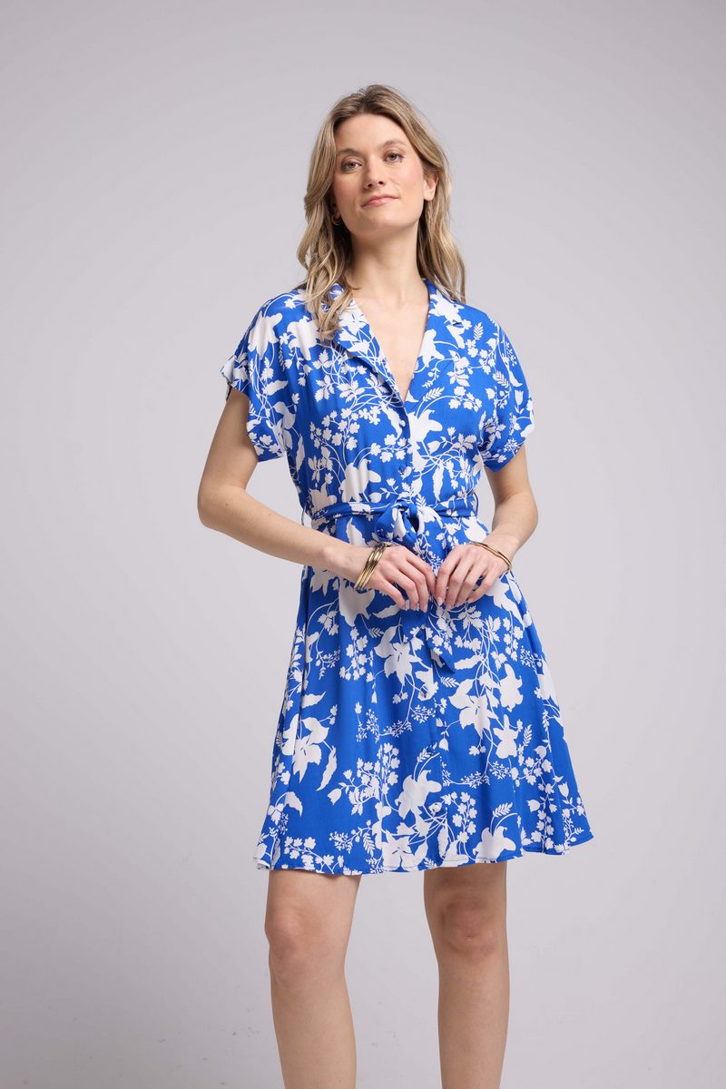 Vestido Corto De Manga Corta - Grandes Flores Azules