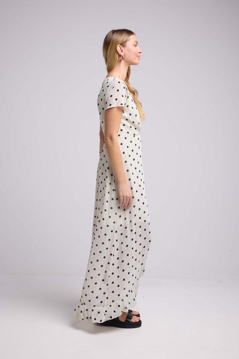 Vestido Largo Mangas Cortas - Lunares Blancos