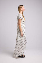 Vestido Largo Mangas Cortas - Lunares Blancos