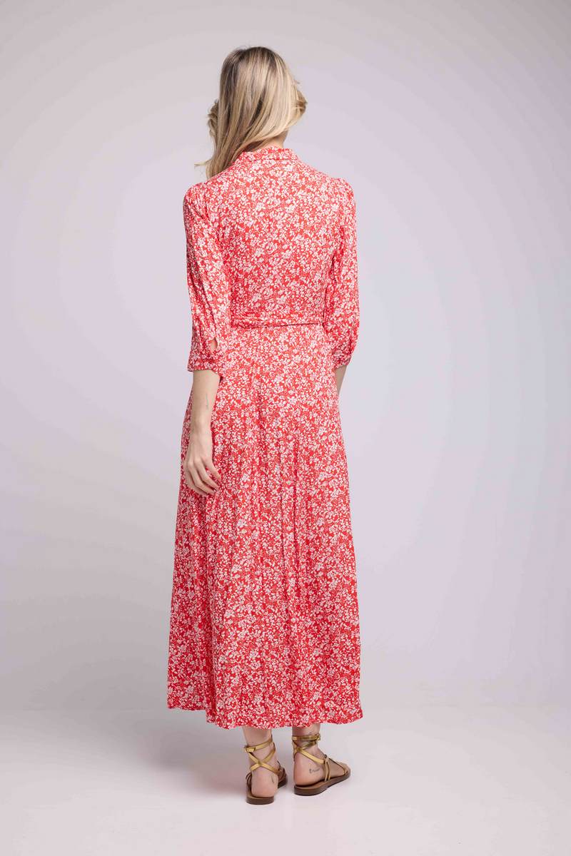 Vestido Largo Manga Larga - Flores Rojas