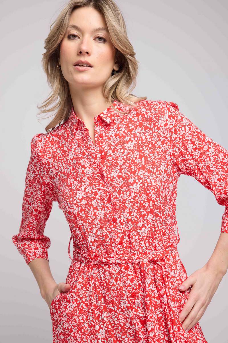 Vestido Largo Manga Larga - Flores Rojas