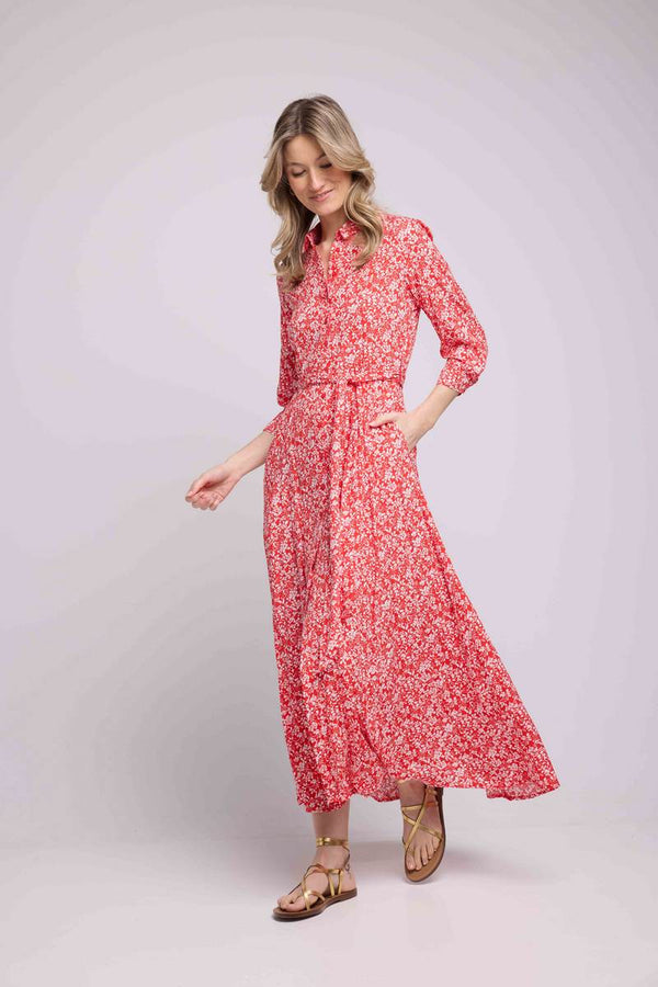 Vestido Largo Manga Larga - Flores Rojas