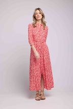 Vestido Largo Manga Larga - Flores Rojas