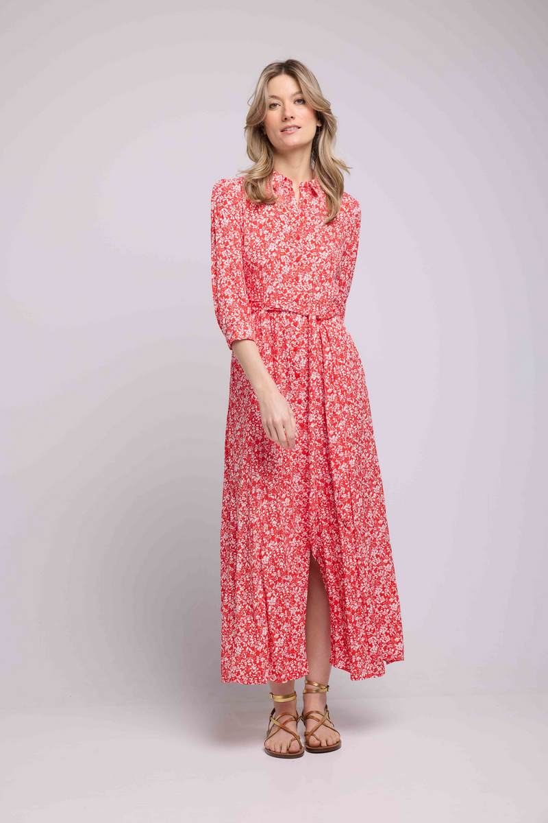 Vestido Largo Manga Larga - Flores Rojas