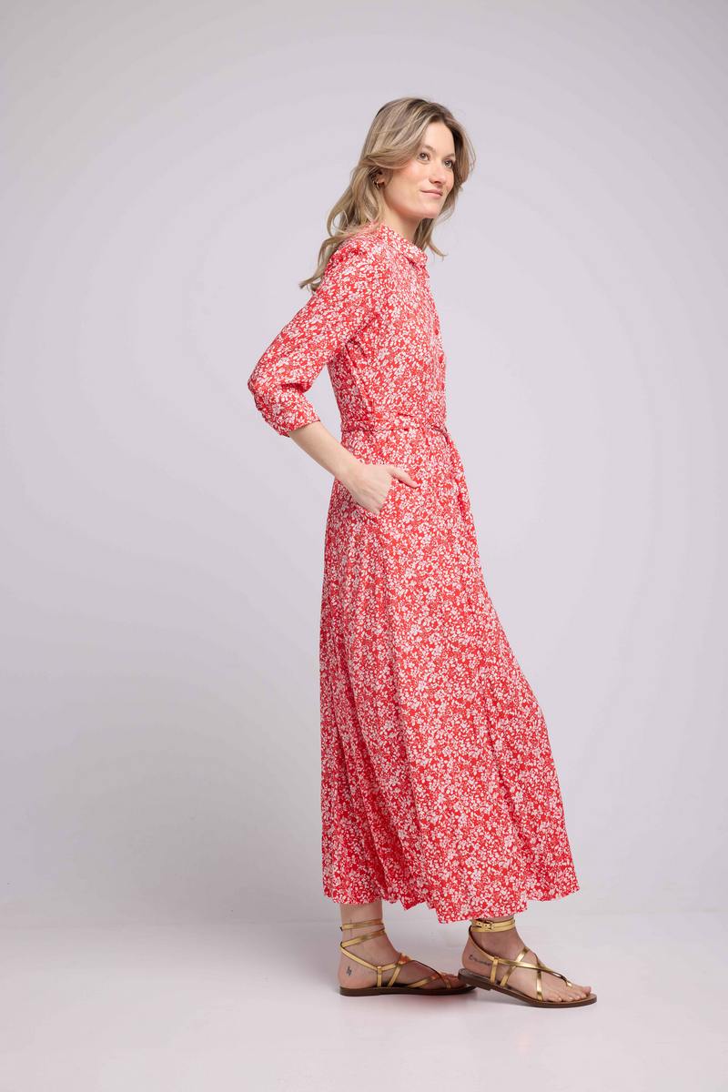 Vestido Largo Manga Larga - Flores Rojas