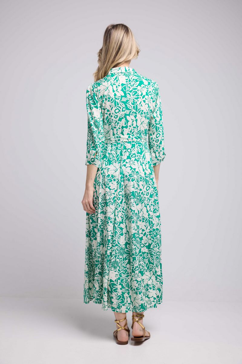 Vestido largo de manga larga - Verde Blanco