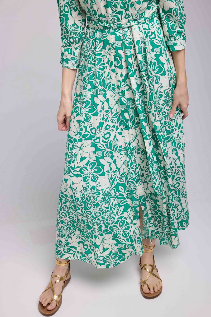 Vestido largo de manga larga - Verde Blanco