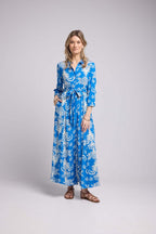 Long Sleeve Long Dress - Royal Blue White