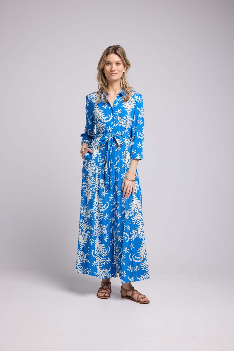 Long Sleeve Long Dress - Royal Blue White