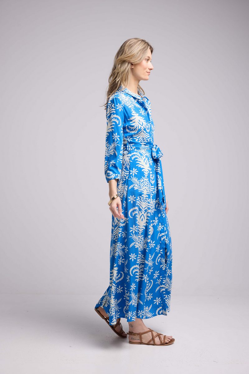Long Sleeve Long Dress - Royal Blue White