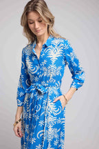 Long Sleeve Long Dress - Royal Blue White
