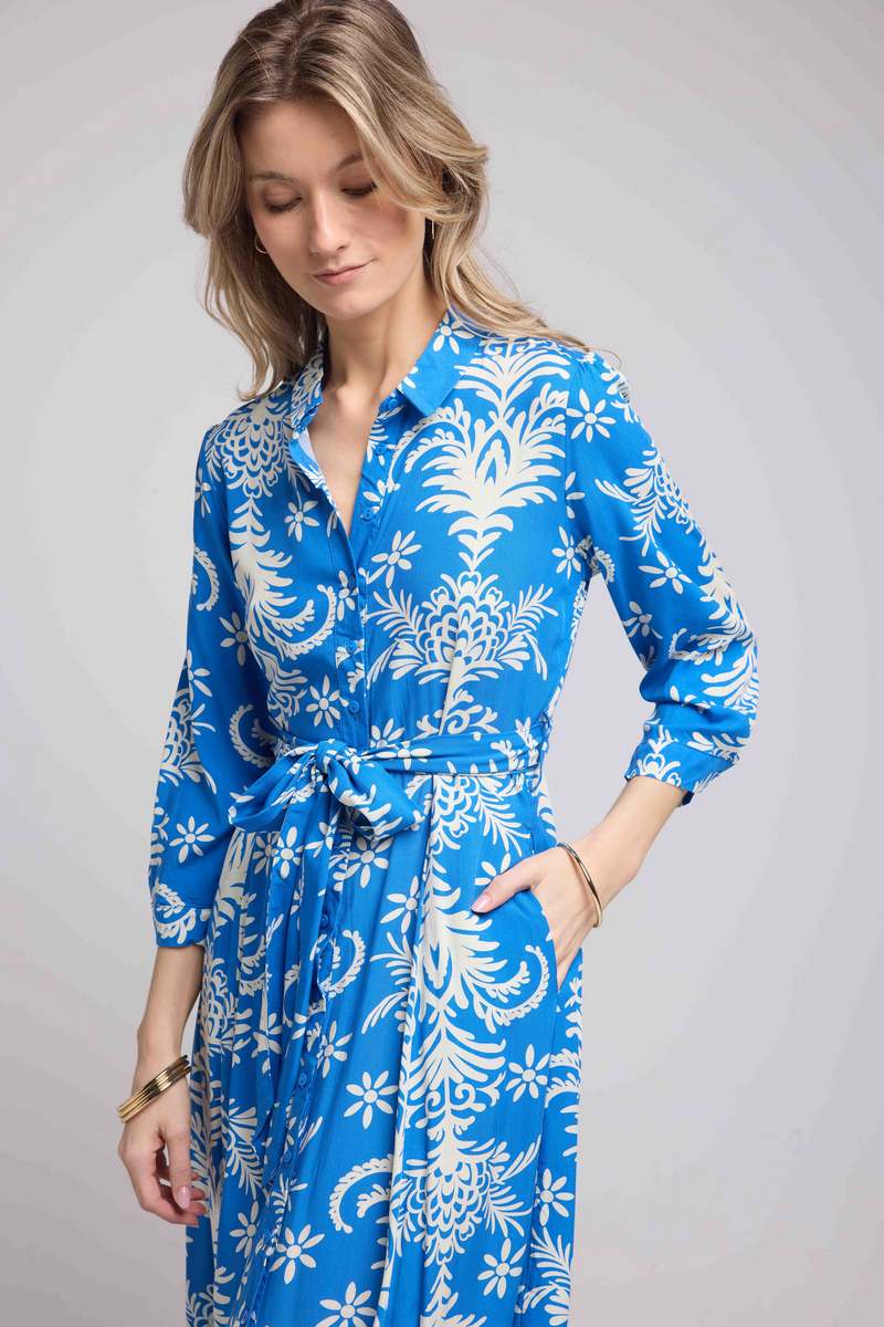 Long Sleeve Long Dress - Royal Blue White
