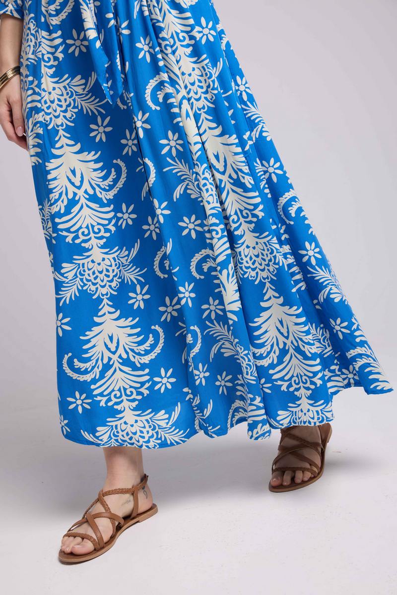Long Sleeve Long Dress - Royal Blue White