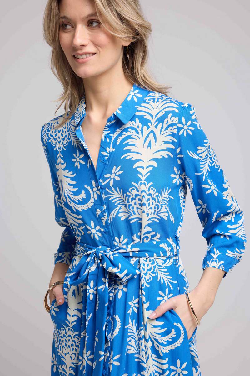 Long Sleeve Long Dress - Royal Blue White