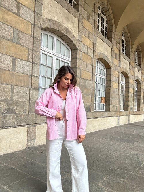 Veste En Jean Céleste À Rayures - Roses