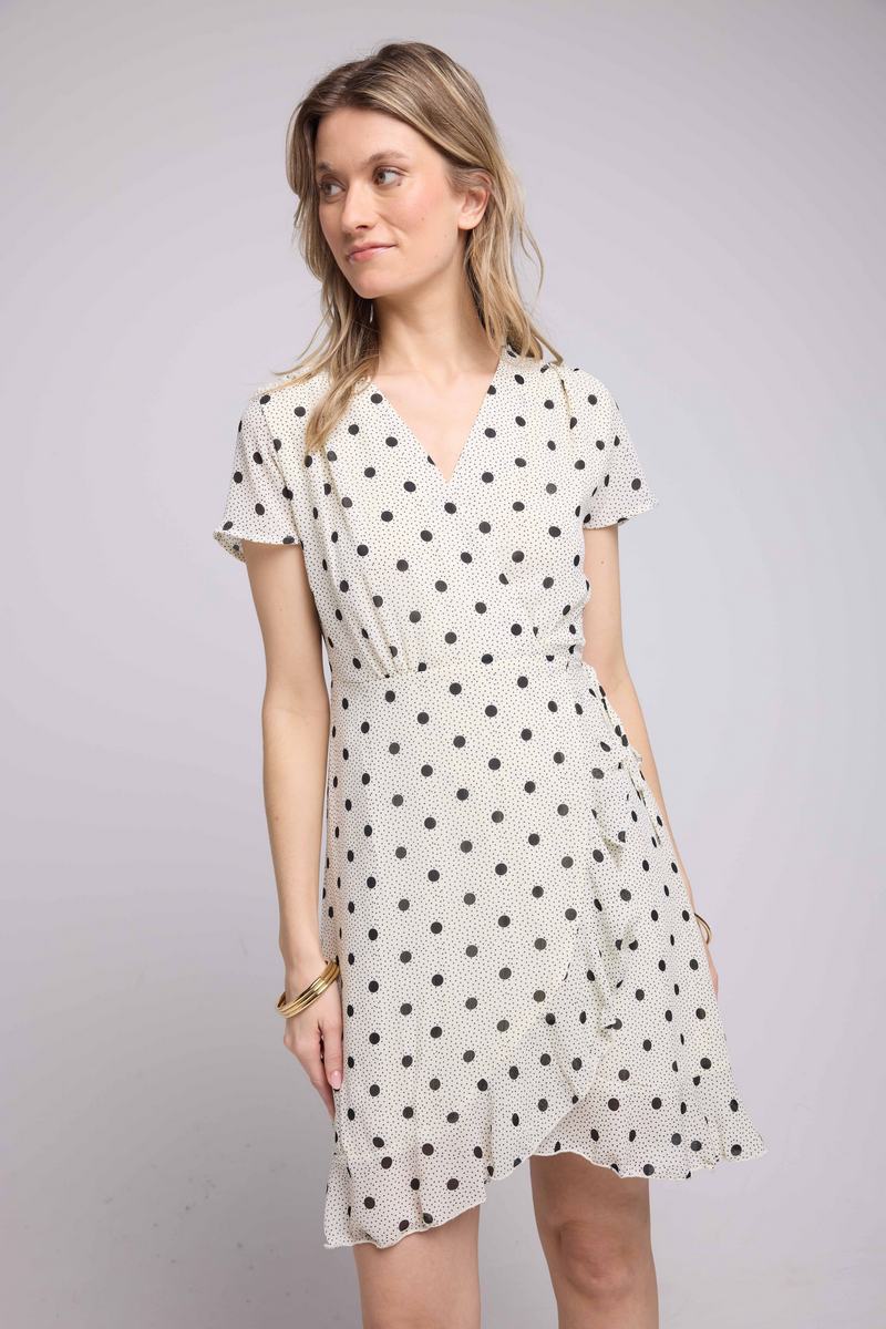 Robe Courte Manches Courtes - Pois Blanc
