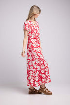 Robe Longue Manches Courtes - Rouge Felurs Bleues