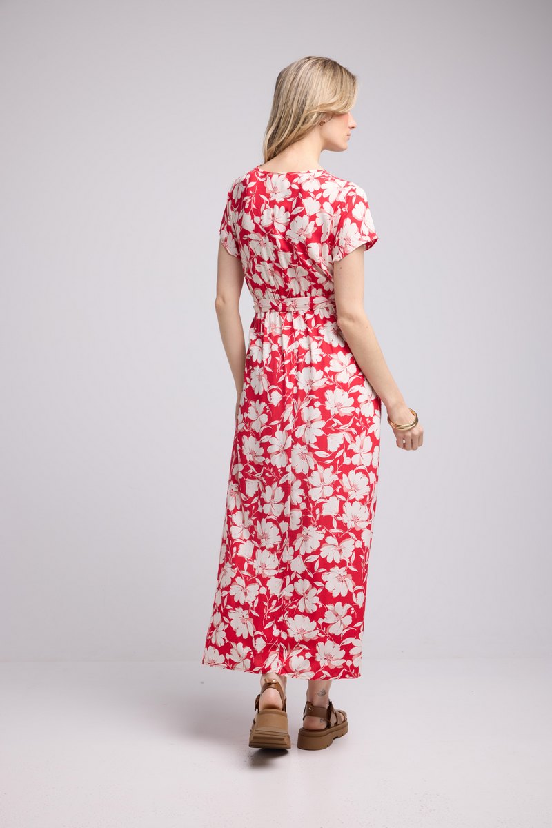 Robe Longue Manches Courtes - Rouge Felurs Bleues