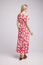 Robe Longue Manches Courtes - Rouge Felurs Bleues