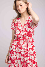 Robe Longue Manches Courtes - Rouge Felurs Bleues