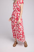 Robe Longue Manches Courtes - Rouge Felurs Bleues