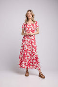Robe Longue Manches Courtes - Rouge Felurs Bleues
