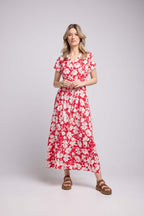 Robe Longue Manches Courtes - Rouge Felurs Bleues
