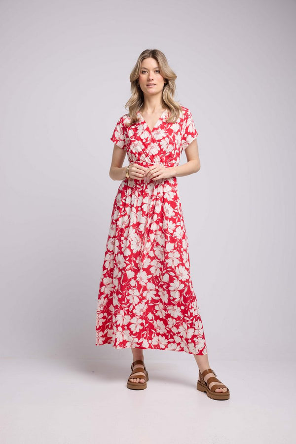 Robe Longue Manches Courtes - Rouge Felurs Bleues
