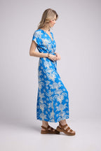 Robe Longue Manches Courtes - Feuilles Bleu