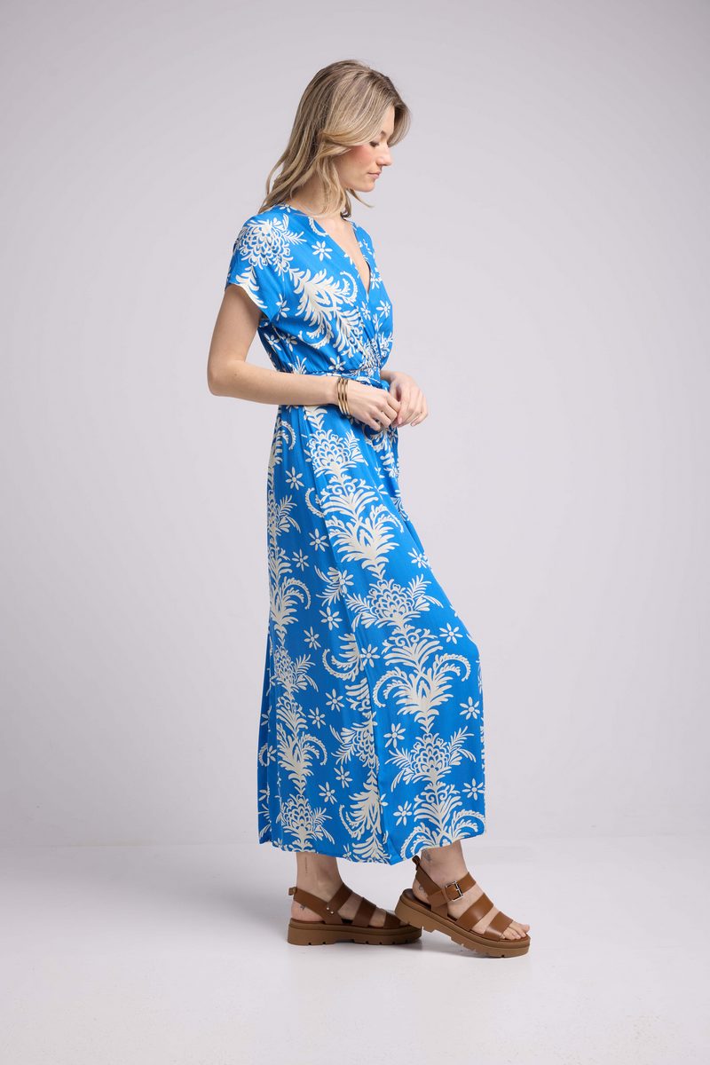 Robe Longue Manches Courtes - Feuilles Bleu