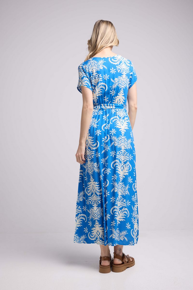 Robe Longue Manches Courtes - Feuilles Bleu